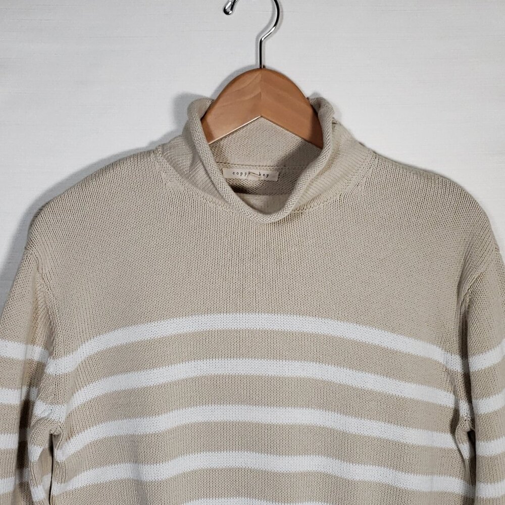 Copper Key Thick knitted mock roll neck sweater white beige striped womens Small - Picture 3 of 6